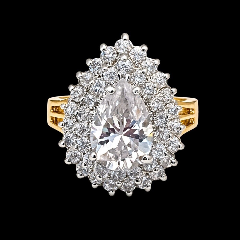 Vintage 1980s CZ Cocktail Ring Size 9 Pear Double Halo Gold Plate - 14G